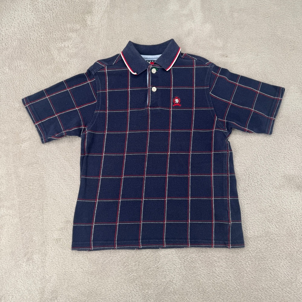 Tommy Hilfiger Boys Polo Shirt Size 6 Navy Blue Plaid Preowned Short Sleeve